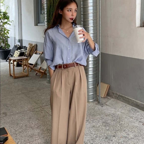 Blouse shirt blue light office casual button collar long sleeve top - Picture 5 of 7